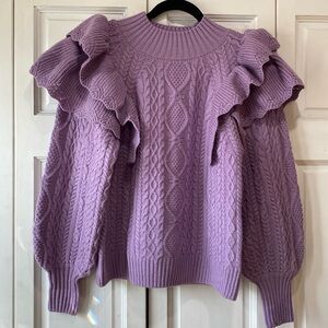 Vici purple sweater cable knit with ruffle shoulders.